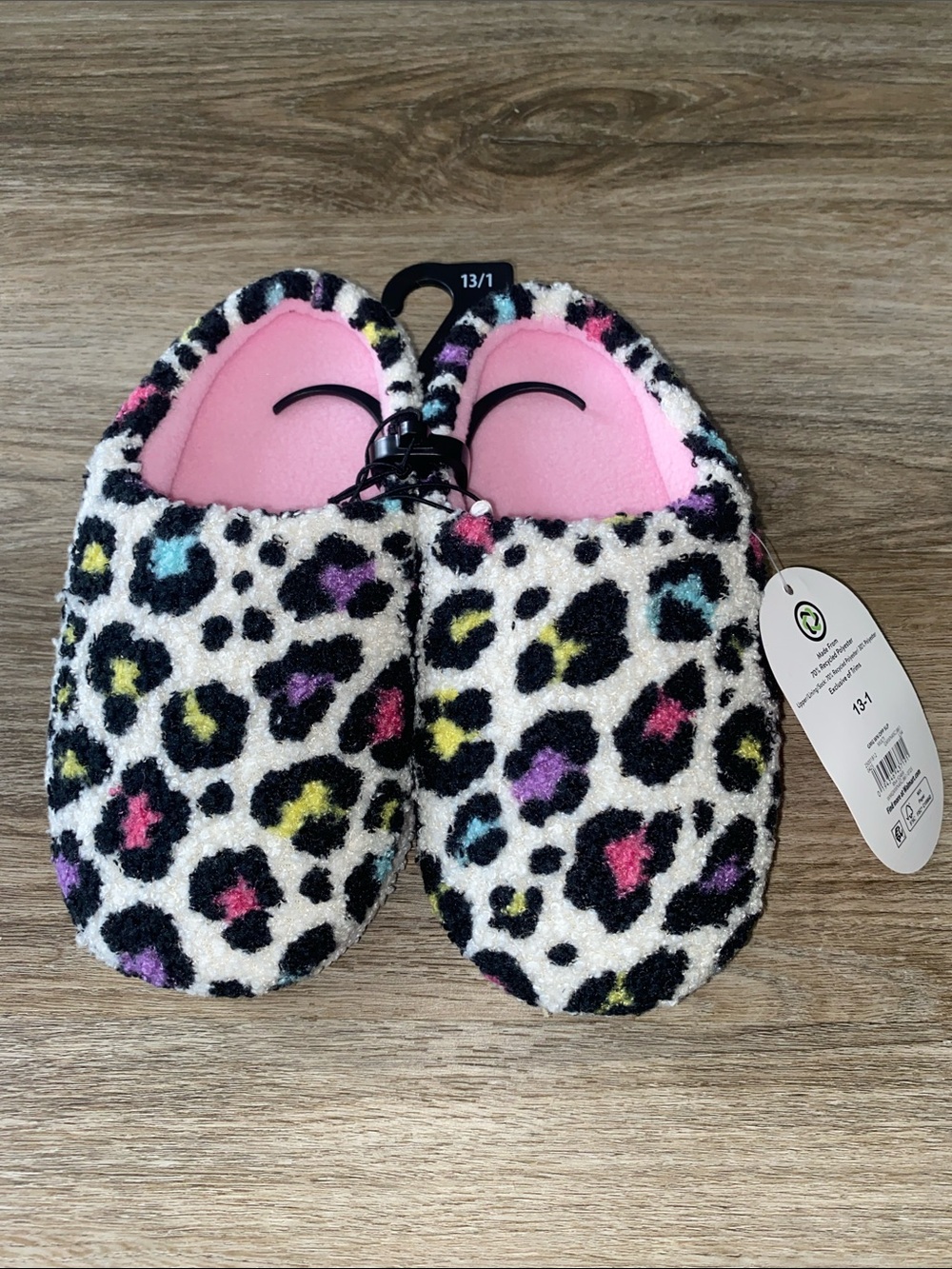wonder nation Pink Lined Fuzzy Leopard Print Kids Slippers